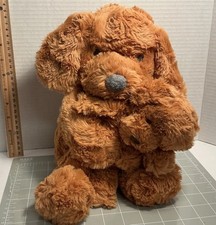 Cloud Island Plush Dog Mom and Baby Puppy Toy Rattle Set Brown Embroidered Eyes