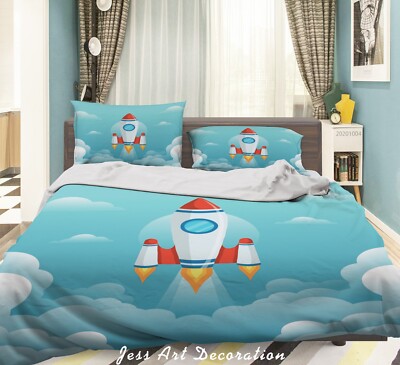 3D Space Rocket Kids Blue Quilt Cover Set Duvet Cover Bedding Pillowcases 