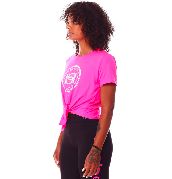 Bebe Women's Interlock Crystal Logo Tie Front Tee Pink Size Small