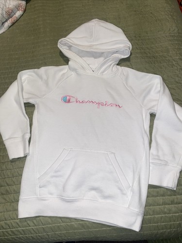 Champion  Pink And White Pull Over Hooded Sweatshirt Jacket Girls Size M - Afbeelding 1 van 6