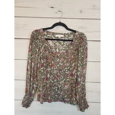 LOFT Women's Button Front Square Neck Green Floral Blouse Size XS