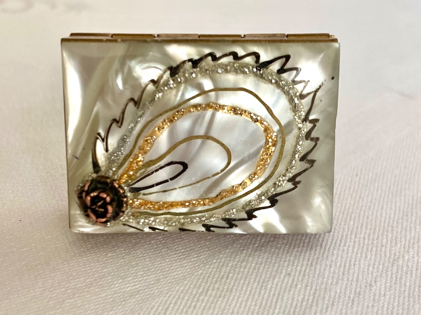 Vintage Brass  Lucite Mother of Pearl Rose and Micro Glitter Pill Box