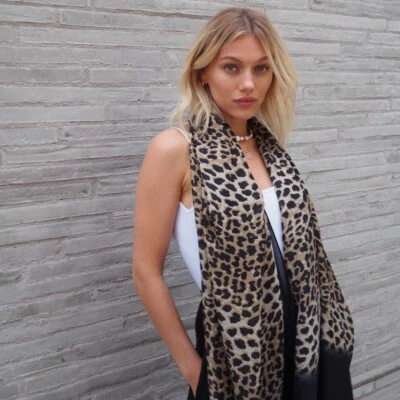FASHION 100% Silk Scarf in Leopard Print With Black Border