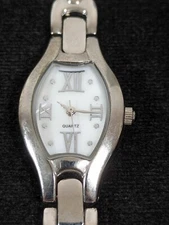 Womans White MOP Dial Silver Tone Rectangle Case Link Bracelet Band Watch 7.25in