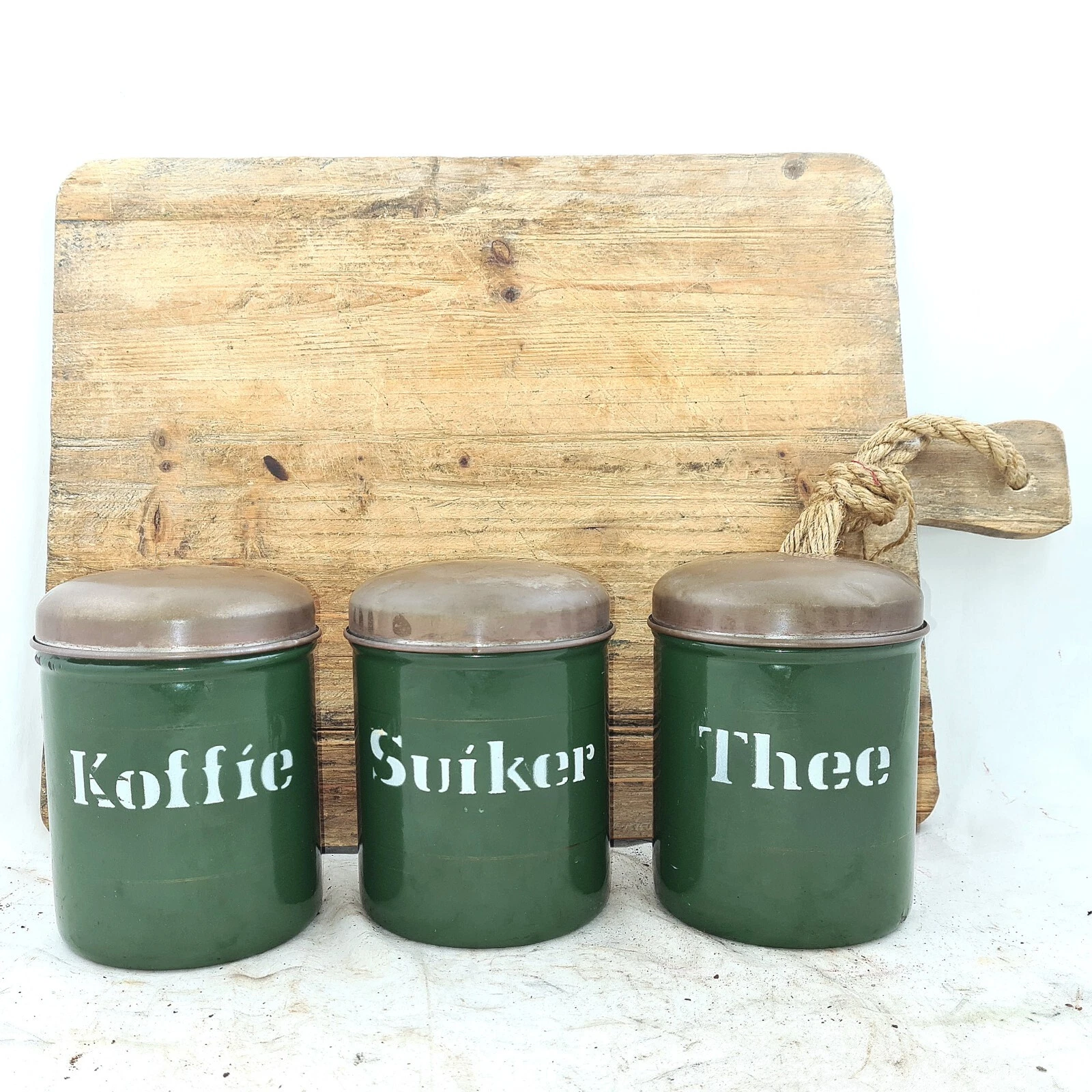 Vintage CANISTER SET Enamelware Coffee Sugar Tea Darkgreen Enamel Jars