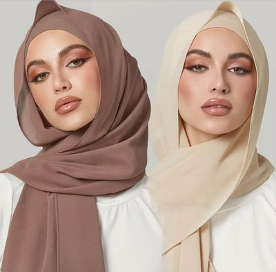 2 Pack Muslim Pearl Chiffon Hijab Summer Breathable Soft Cool Scarf Solid