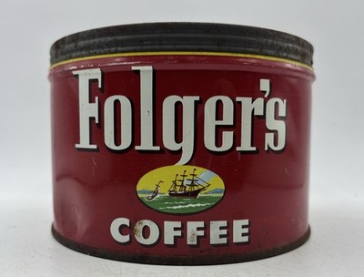 Vintage 1952 Folgers Mountain Grown Coffee Advertising 1LB Red Tin Can