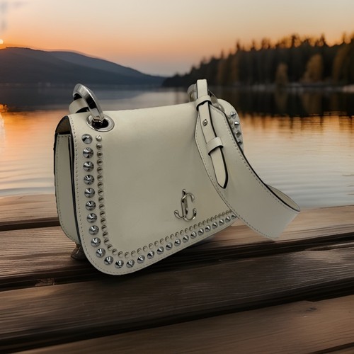 JIMMY CHOO VARENNE Crossbody Shoulder Leather Studded Bag White Authentic