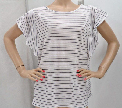 LOFT / WHITE STRIPED CASCADE RUFFLED SLEEVES BLOUSE TEE TOP SIZE: M NWT