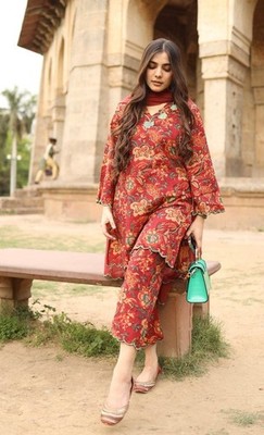 Indian Women s Red Floral Kurta Set Palazzo Pants  Bollywood Ethnic Wear