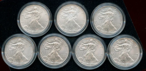 7 x Mixed Date Burnished American Silver Eagle 1 oz $1 in Capsule