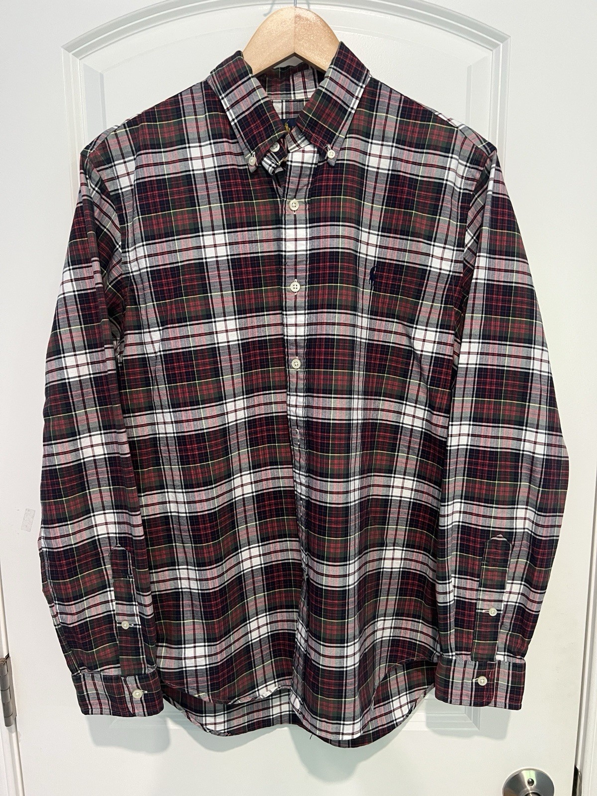 VINTAGE Polo Ralph Lauren camicia con bottoni adulto media rosso blu bianco plaid pony