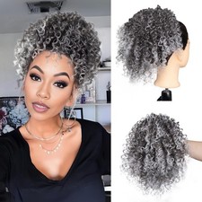 Short Kinky Curly Grey Drawstring Ponytails Extension for Black Women Curly O...