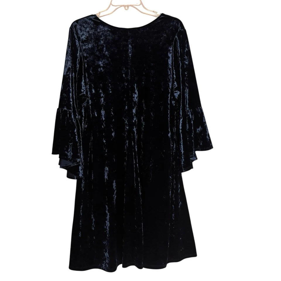 Karen Kane Plus Size 2X Stretch Teal Velvet Bell Sleeve Swing ALine Shift Dress - Image 3 of 4