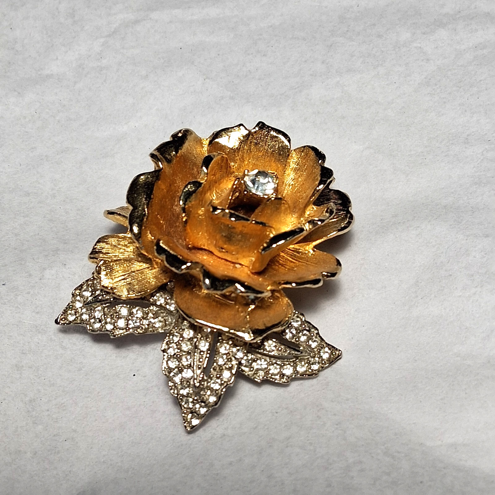 Vintage Rose Brooch Two Tone Gold And Silver Clear Rhinestones