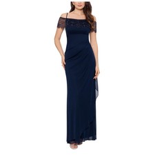 XSCAPE Blue Evening Gown Beaded Chiffon Off the Shoulder Column Dress Size 10
