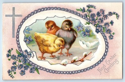 1909 Easter Greetings Chicks Hatched Egg Pipe Berry Cross Flowers Postcard