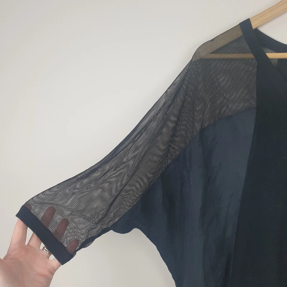 DKNY Top Womens Large Black Cowl V Neck Mesh Sleeve Silk Cashmere Lightweight - Image 3 of 4