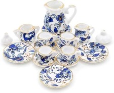 15 Pcs Blue 1:12 Miniature Porcelain Chintz Tea Cup Set Dollhouse Accessories