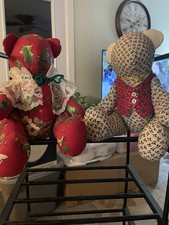 Vintage Christmas Teddy Bear Lot Set of 2 Handmade Fabric Bears