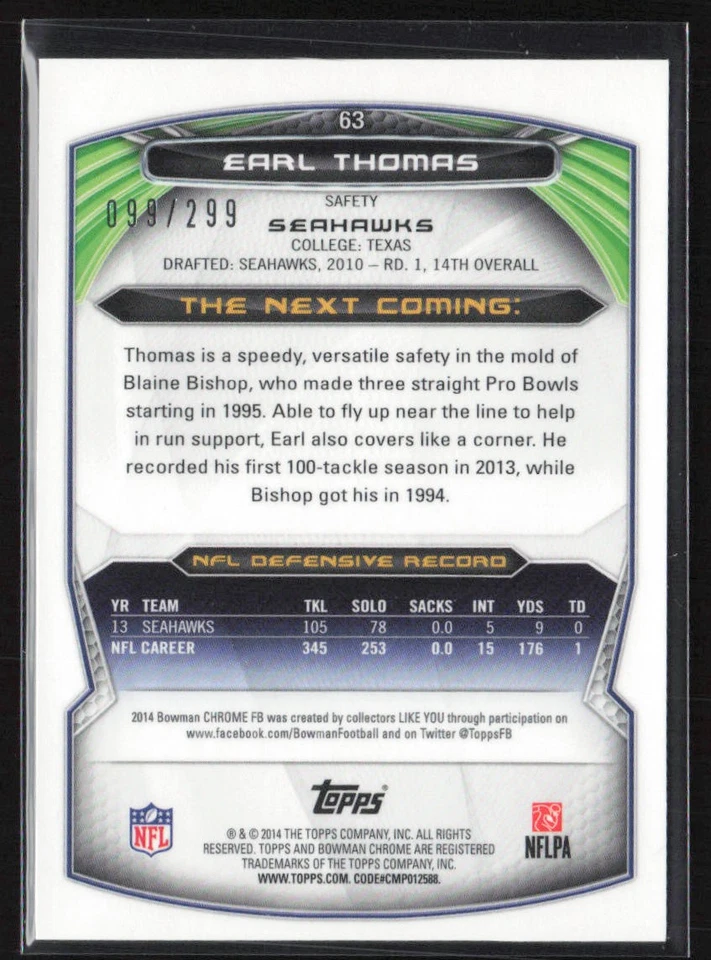 2014 Bowman Chrome #63 Earl Thomas Black Refractor #/299 Seattle Seahawks - Image 2 of 2