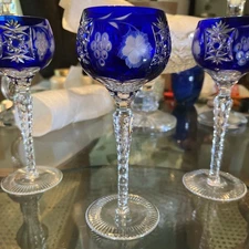 Ajka Bohemian Cobalt Blue Cut Crystal Marsala Wine Glass Hock - 5 Available EUC