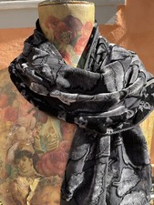 Shawl Scarf Wrap Burn Out Black Fringed Silver Flocked Victorian Style Romantic