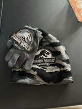 Jurassic World Gray and Black Camo Hat And Gloves Set-NEW WITH TAGS