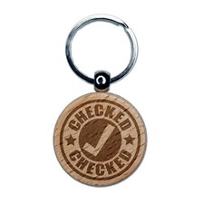 Checked Check Mark Teacher School Engraved Wood Round Keychain Tag Charm