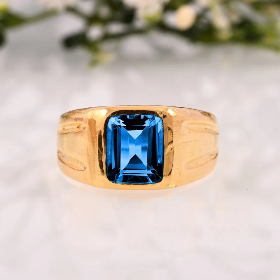 14K Yellow Gold London Blue Topaz AAA Natural Wedding Handmade Ring For Men Gift - Image 2 of 3