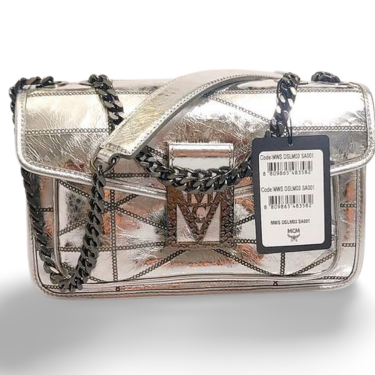 MCM Travia Silver Quilted Crash Calf Leather Shoulder Bag