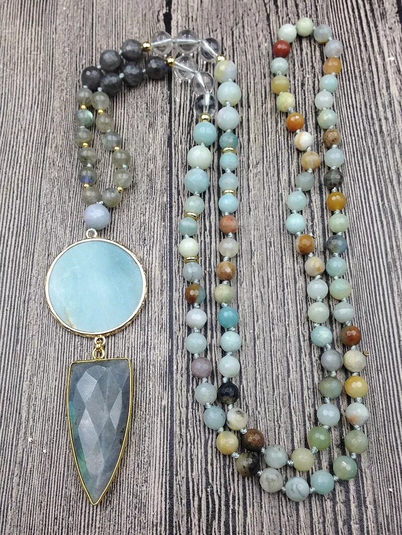 Natural Stone Labradorite Pendant Stone Beads Knot Handmade Necklace Jewelry