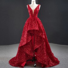 Elegant Sequined Evening Dresses V Neck Sleeveless Backless High Low Prom Gowns