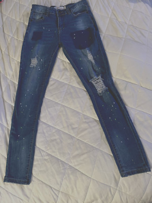 RARE Celebrity Ace Paint Splatter Skinny Stretch Distressed Blue Jeans Sz 7/28