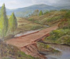 JOAN JOYCE AUSTRALIAN OIL "TIMBER BRIDGE IN GIPPSLAND HILLS" 1990