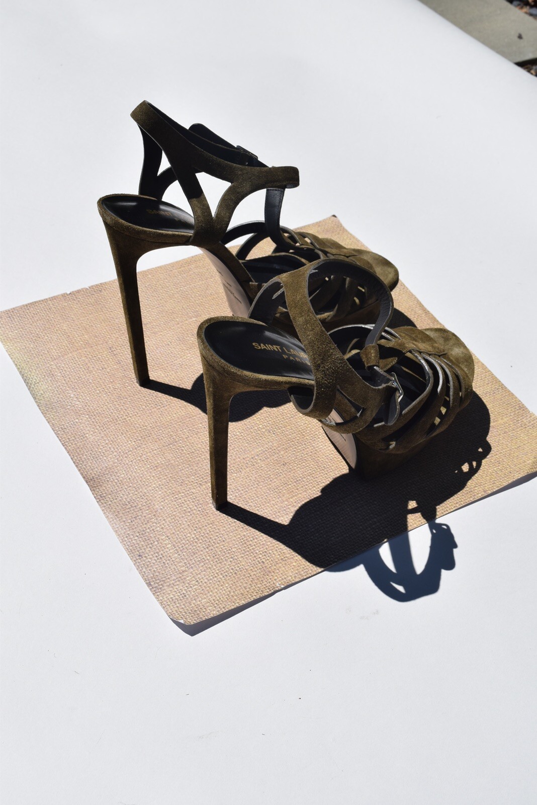 NUOVI SANDALI SAINT Laurent sexy pelle scamosciata bianca plateau cachi marrone pelle scamosciata con scatola