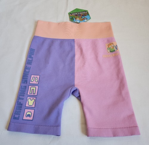 Minecraft Girls Purple Pink Printed Ribbed Bike Shorts Size 14 New - Picture 2 of 5
