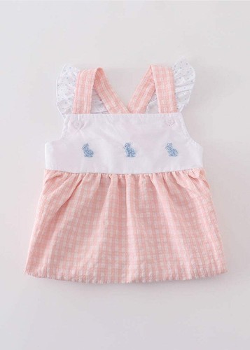 Girl's Boutique Premium Easter Bunny Pink Gingham Dress Sibling Matching Embroid - Picture 5 of 8