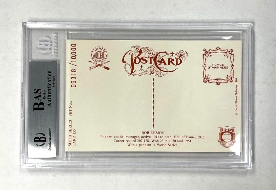 Bob Lemon Signed Perez-Steele Hall Of Fame Postcard Beckett Slabbed Auto BAS - Image 2 of 3