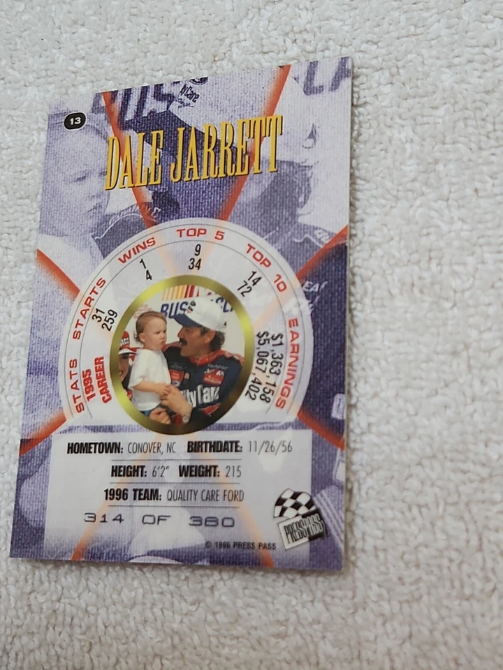 1996 Premium EMERALD PROOFS Nascar #13 Dale Jarrett # 314 /380! PREMIUM Card - Image 3 of 4