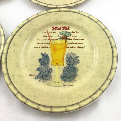 Set of 4 Sakura Tiki Salad Dessert Plates Cocktail Drink Recipes Paul Brent 8" - Picture 3 of 12
