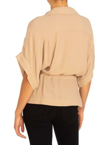Guess Women's Beige Andrea Button-Front Belted Short Sleeve Top Size Large New - Picture 2 of 7