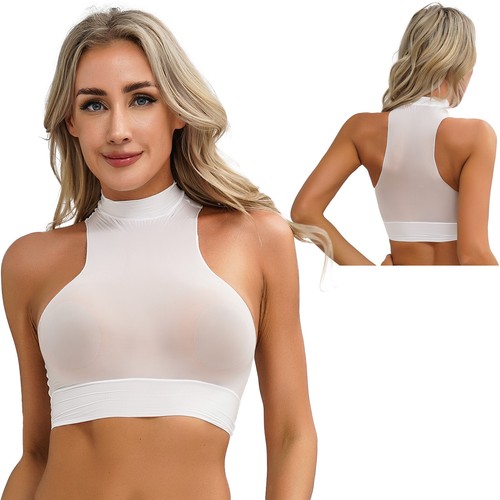 Women Sheer Mesh Crop Tank Top Halter Neck Tops Mock Neck Sleeveless Tee Shirts - Picture 13 of 60