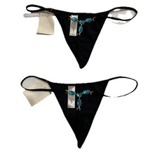 Thong Underwear S/5 Black 2 Pair Jeweled Blue Stones Womens Panties Intimate