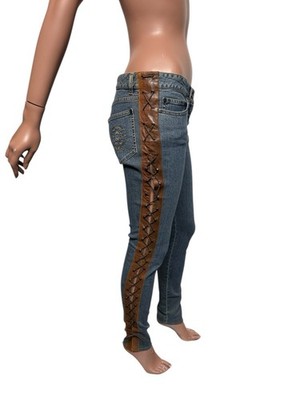 Vtg Alexander McQueen AW2002 Blue Denim Lace Up Leather Jeans IT40