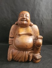 VTG Asian Teak Wood Hand Carved Buddha Smiling Laughing Prosperity 8  Good Luck
