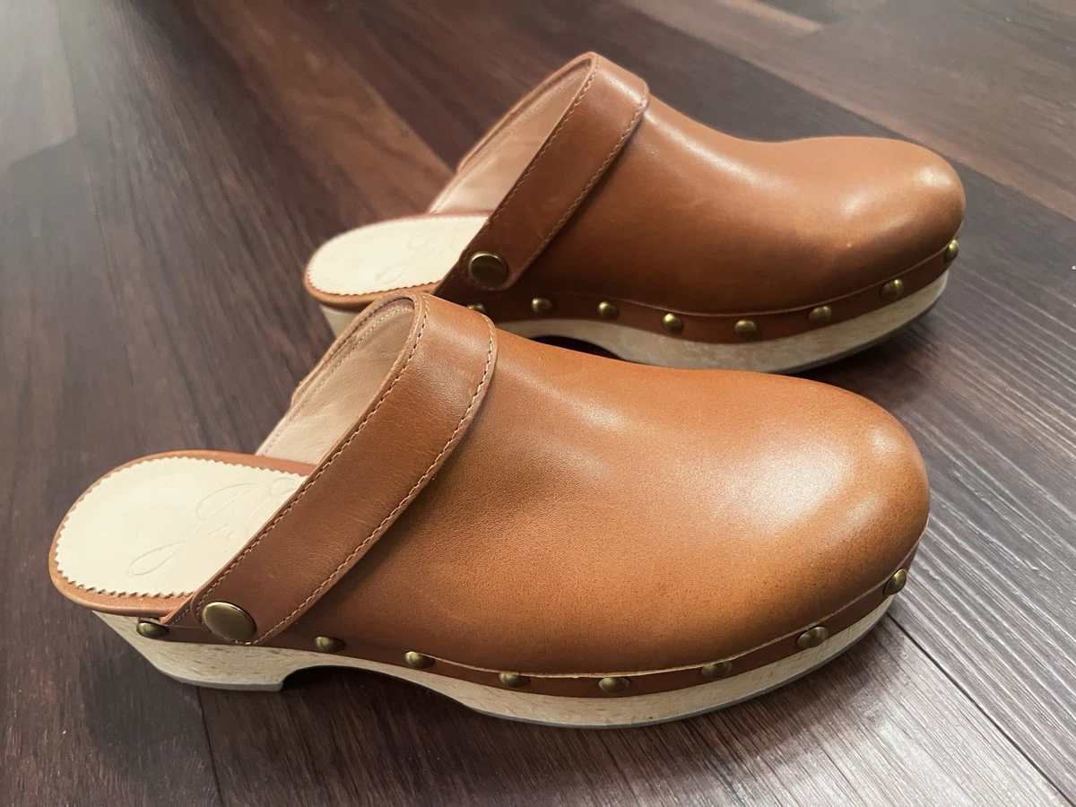 J.Crew NWOT Brown Leather Clog Mules Studded Wood Platform Size 12  70’ vibe Convertible Leather Clogs For Women | J.Crew main image 2