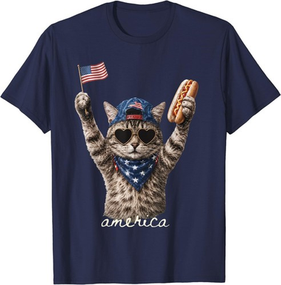 #ad Retro Funny America Cat Hot Dog Lovers Patriotic US Flag T Shirt $12.99