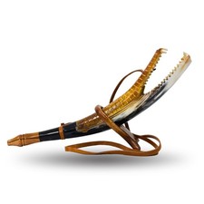 Viking Blowing Bugle with Stand   Hand-Carved Ox Horn War Horn with Dragon He...