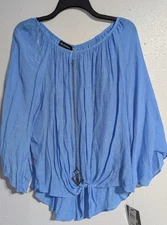 I N Studio Blouse Blue Size M long Sleeve Semi Sheer Scoop Neck, Necklace 